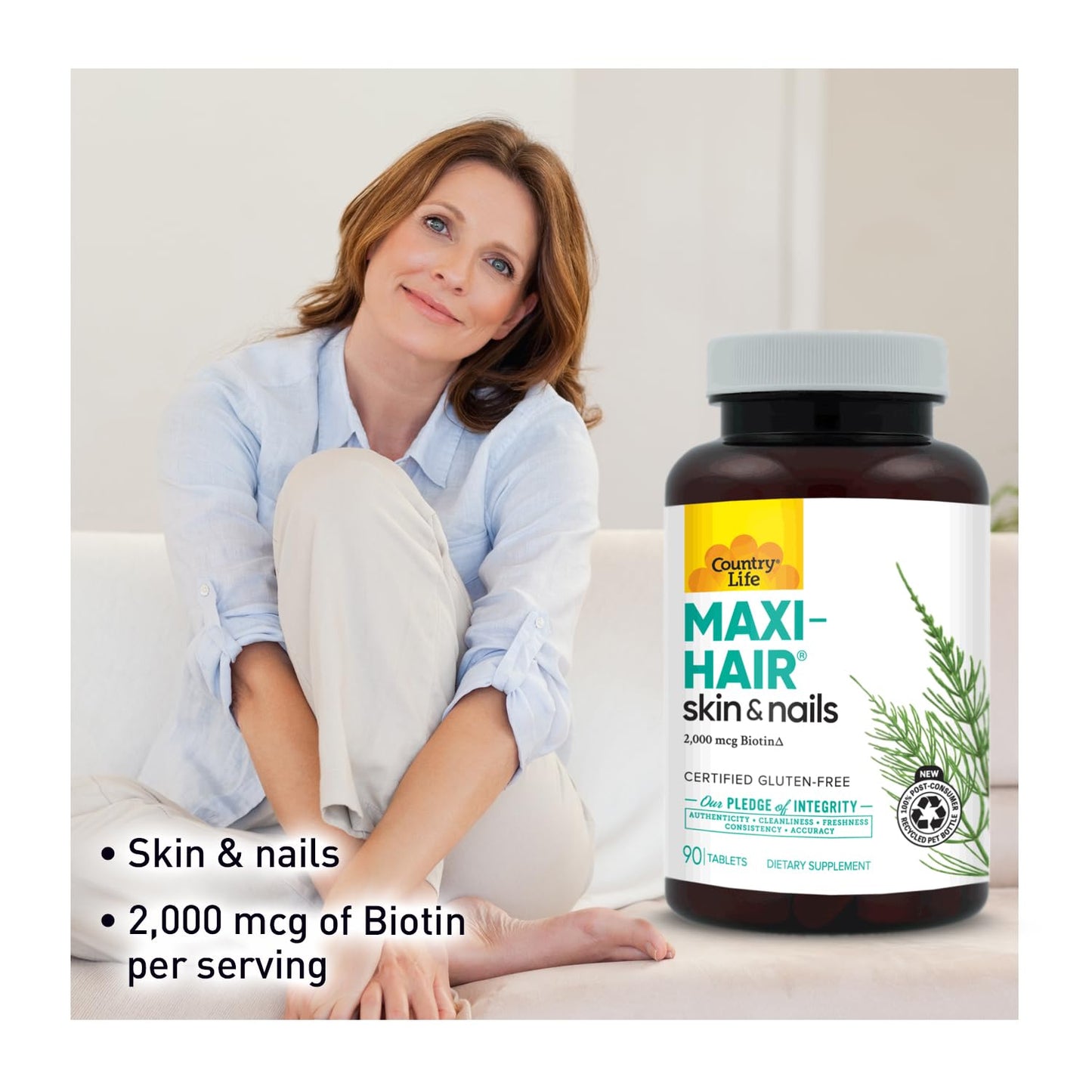 Country Life Maxi-Hair Supplement 2000mcg Biotin & Vitamins for Hair, Skin & Nails Tablet, 90 Count
