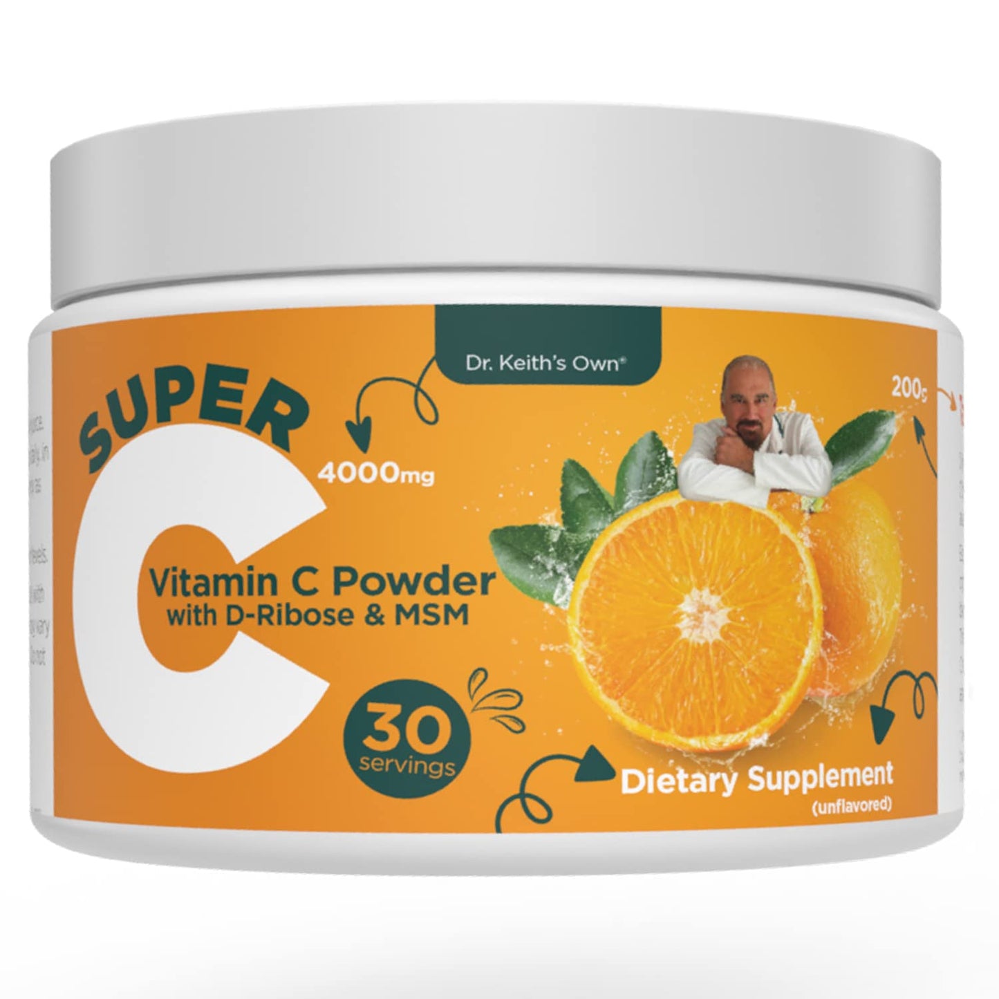 Dr. Keith's Own Buffered Vitamin C Powder 4000mg, Glycine & MSM, 7.05 oz