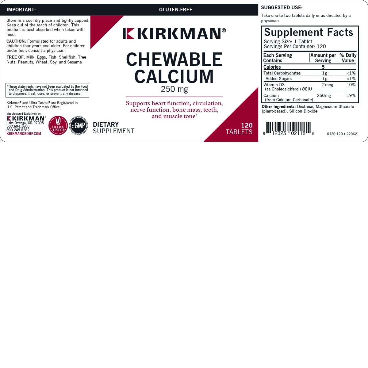 Kirkman Calcium 250mg with Vitamin D3, 120 Tablets