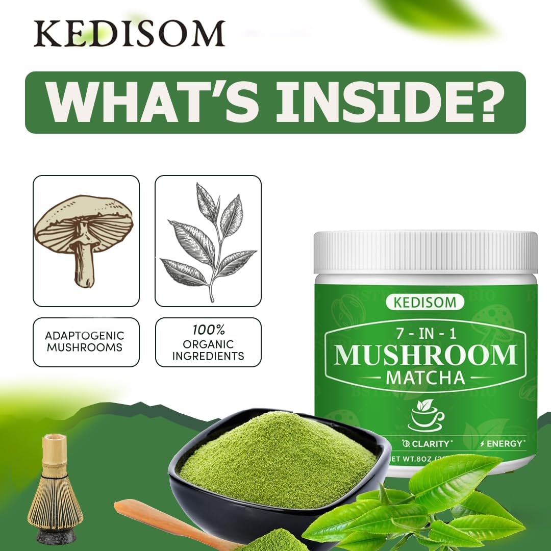 KEDISOM Mushroom Matcha Adaptogenic Mushroom Blend with 7 Superfood Mushrooms and Ceremonial-Grade Matcha with Turkey Tail, Shiitake, Lion's Mane Powder 8