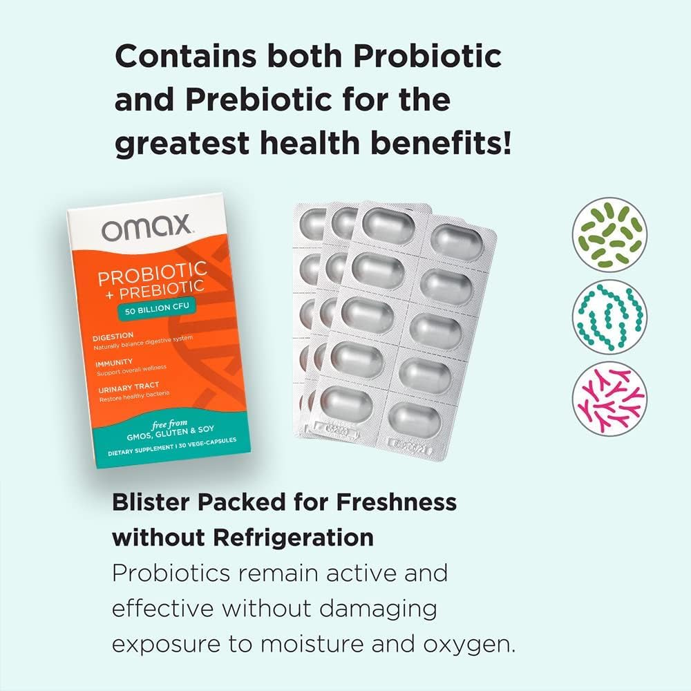 Omax3 Probiotic & Prebiotic 50B CFU for Gut Health & Digestive Support, 90 Capsules