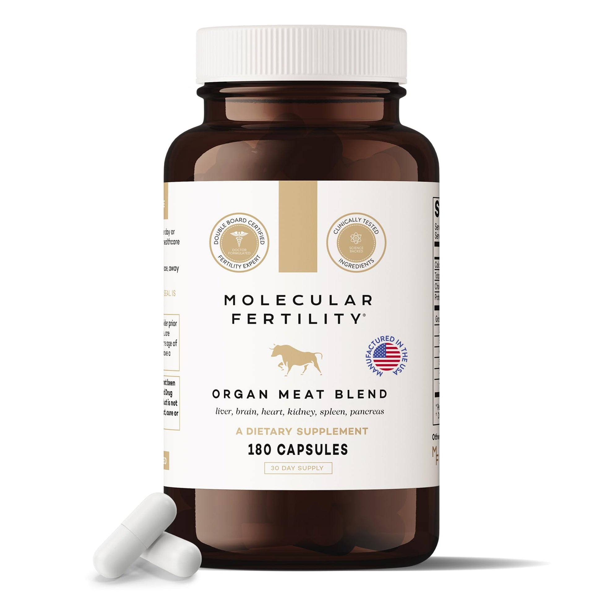 Molecular Fertility Beef Organ Complex - Pasture-Raised, Grass Fed Beef Liver, Brain, Heart, Spleen, Pancreas Blend, Healthy Hormone Balance and Fertility Supplement for Women and Men, 180 Capsules