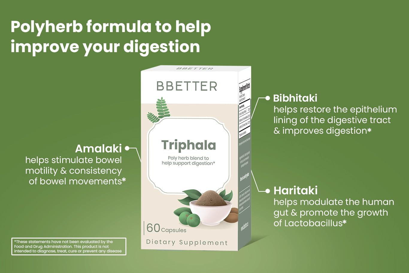 BBETTER Triphala Ayurvedic Herbal Supplement with Amla, Haritaki & Bibhitaki Capsules, 180 Count