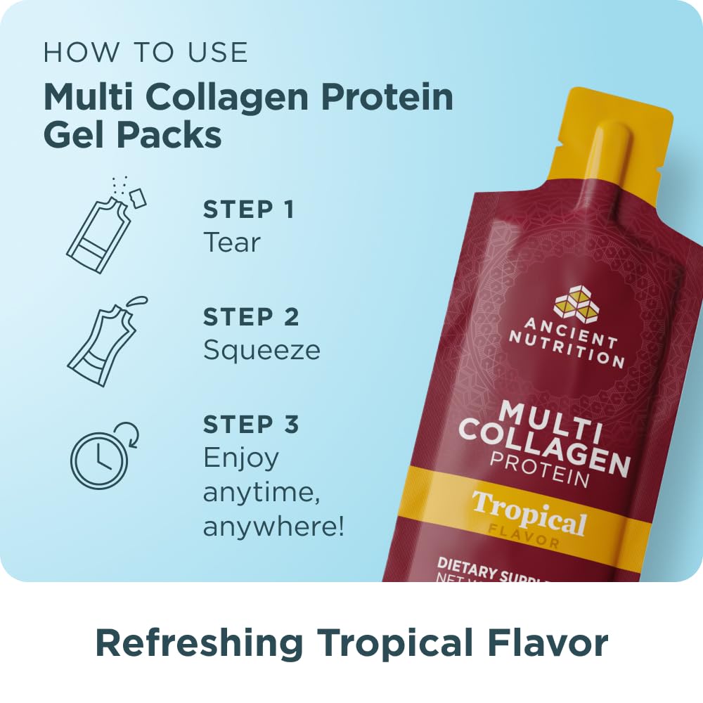 Ancient Nutrition Multi Collagen Protein Gel with Probiotics & Vitamin C, Hydrolyzed Collagen Peptides for Skin, Hair, Nails, Joints & Gut Health, Tropical Powder, 15 Packets