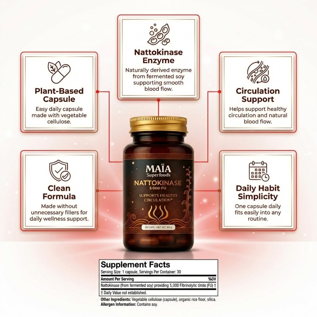 MAÏA SUPERFOODS Maia Nattokinase 5000 FU Fermented Soybean Enzyme Supplement 30 Capsules