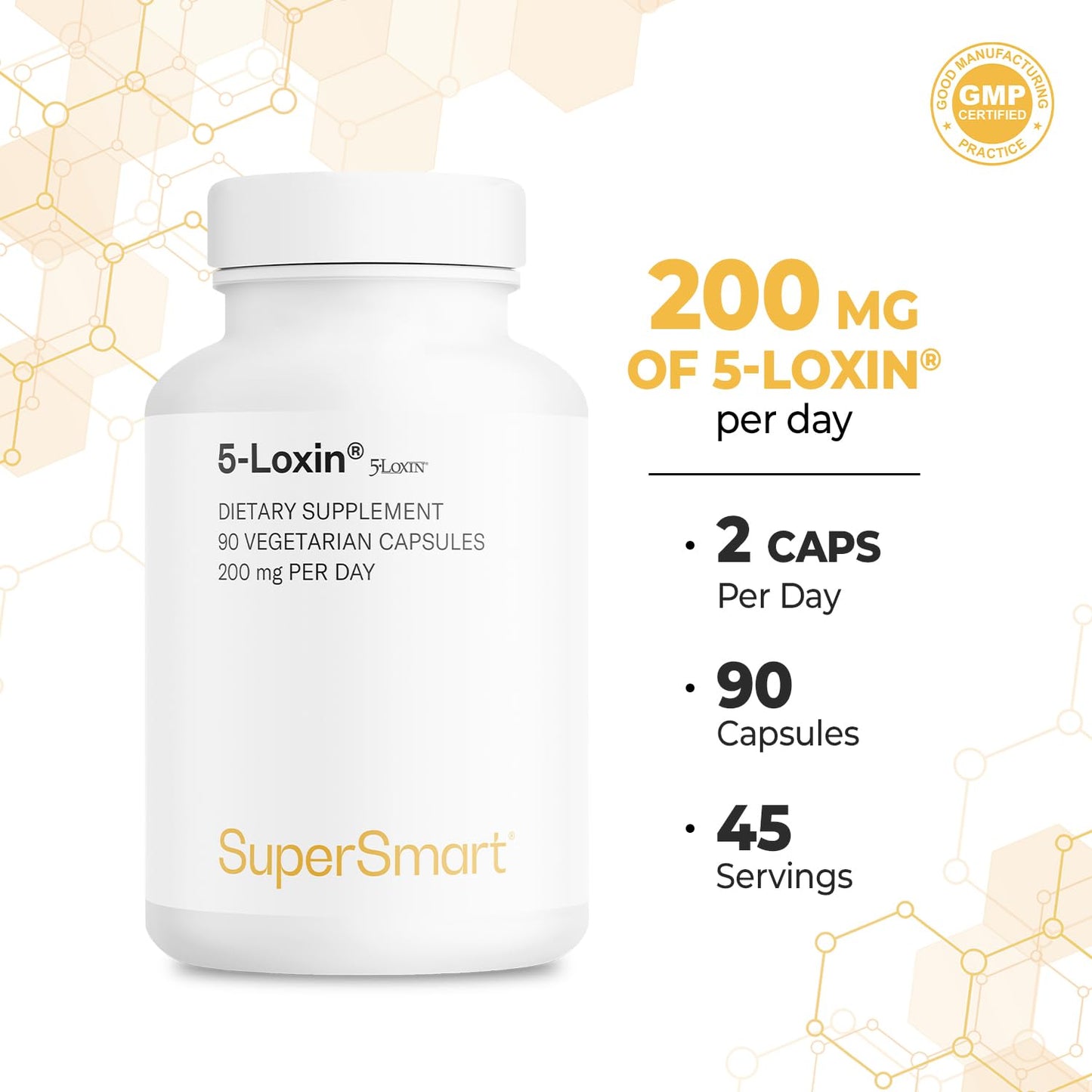 Supersmart 5-Loxin 200mg per Day (Patented) AKBA Supplement - 5-Loxin Boswellia Serrata Extract, Non-GMO & Gluten Free, Capsules, 90 Count