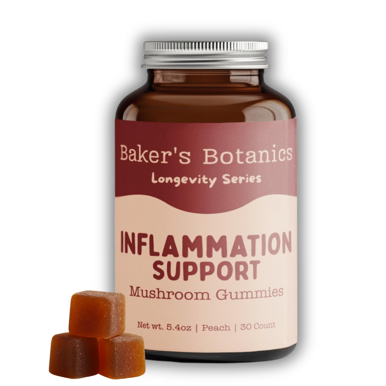 Baker's Botanics Longevity & Anti-Inflammatory Mushroom Gummies – Chaga, Maitake, Turmeric & Astragalus, 30 Count