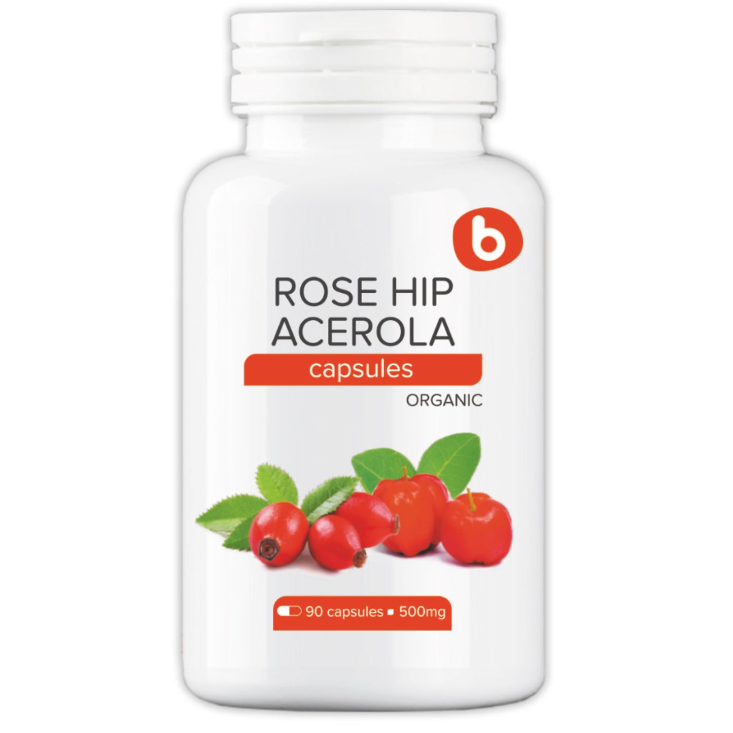 b RoseHips & Acerola Capsules - Vitamin C 1000mg from Acerola Cherry Powder & Rosehip Powder, Plant-Based, GMO-Free - 90 Vegan Capsules