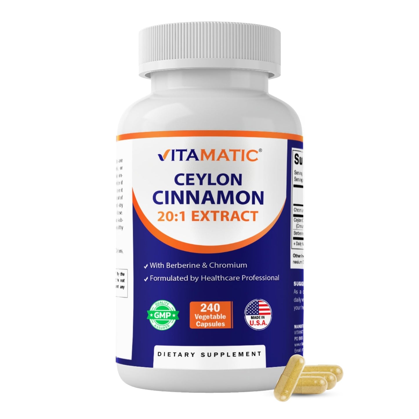 Vitamatic Ceylon Cinnamon & Berberine with Chromium Plant-Based Botanical Extract Vegetable Capsules 240 Capsules