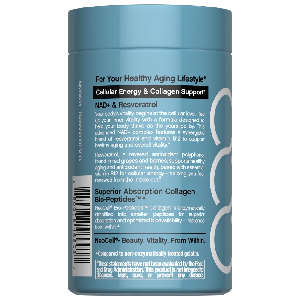 NeoCell NAD+ Resveratrol Supplement with Multi Collagen Bio-Peptides, 1,000mg, 60 Capsules