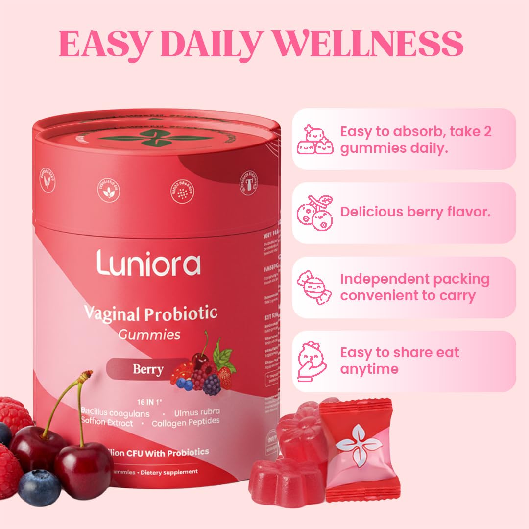 LUNIORA 16-in-1 Vaginal Probiotic Gummies - Berry Feminine Balance, 10B CFU Probiotics, Cranberry, Prebiotic Fiber & Collagen - Vaginal Health & pH Balance Support, 60 Gummies