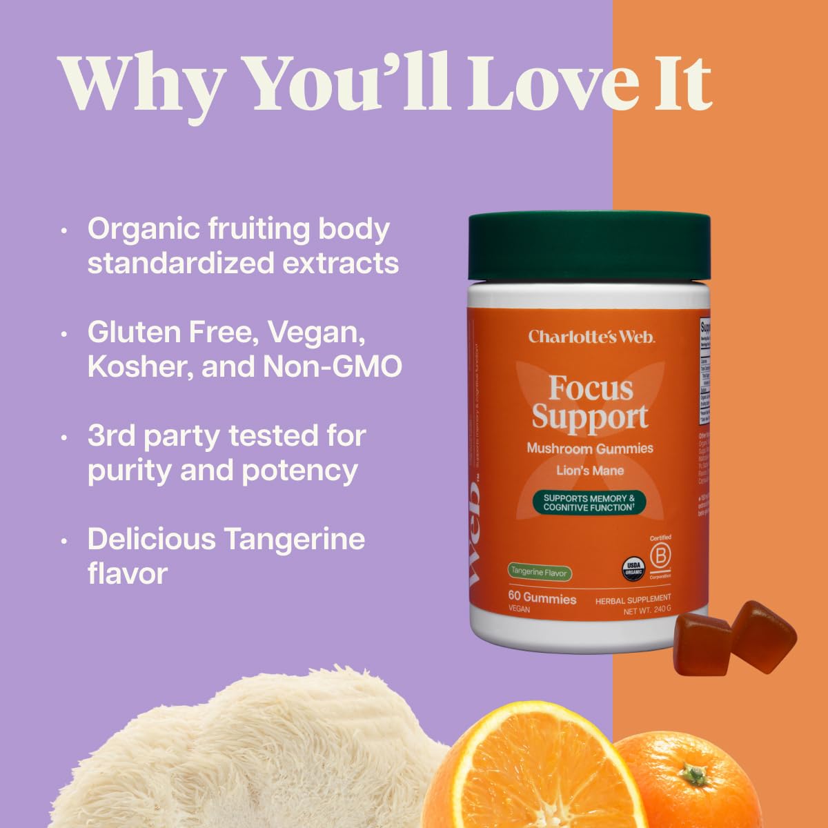 Charlotte's Web Focus Support Mushroom Gummies with Lion's Mane, 60 Gummies