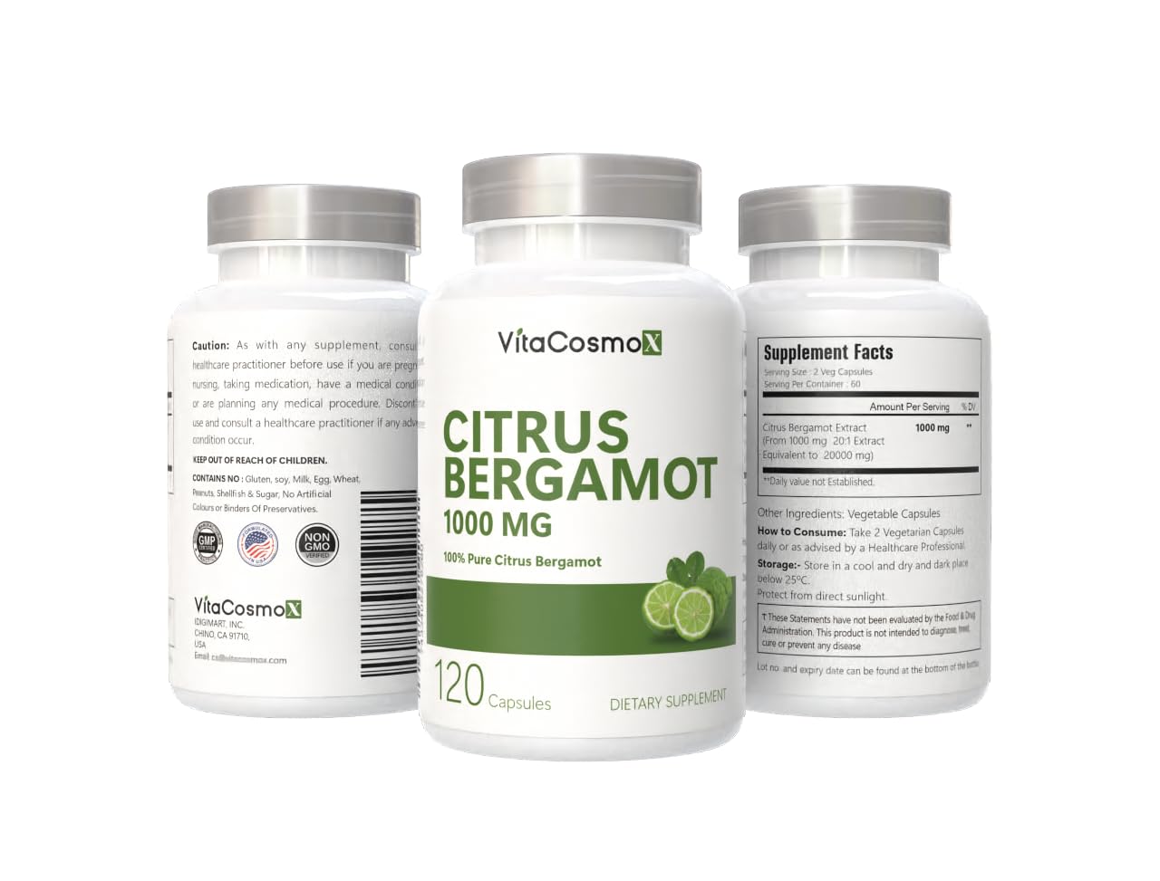 VitaCosmoX Citrus Bergamot Extract 1000mg Capsules, 120 Count