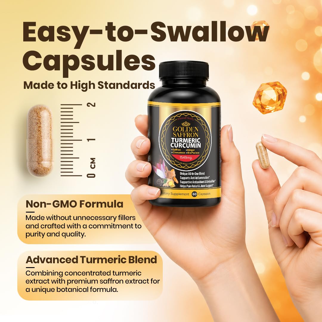 GOLDEN SAFFRON Turmeric Curcumin Supplement with Bioperine, Saffron, Cinnamon, and Ginger Capsules 60 Count
