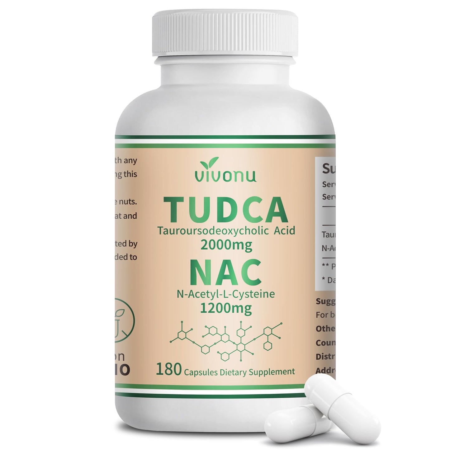 VivoNu TUDCA 625mg + NAC 375mg Capsules, 180 Count