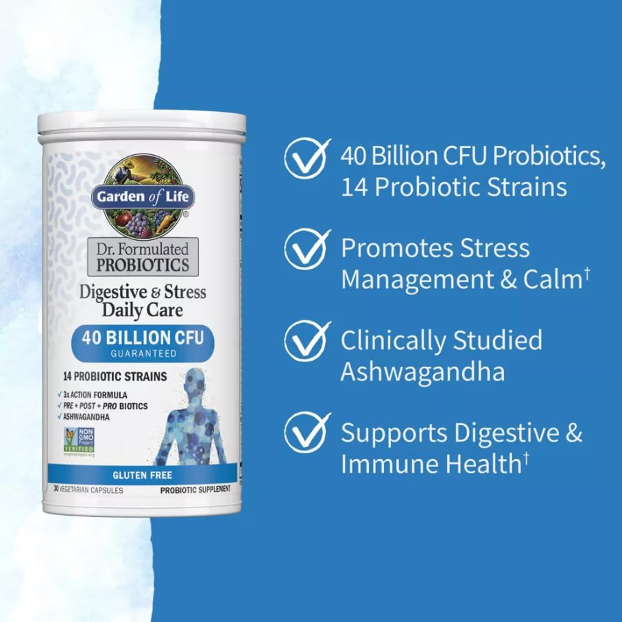 Garden of Life Probiotic Supplement Dr. Formulated Digestive + Stress Capsules, 30 Count