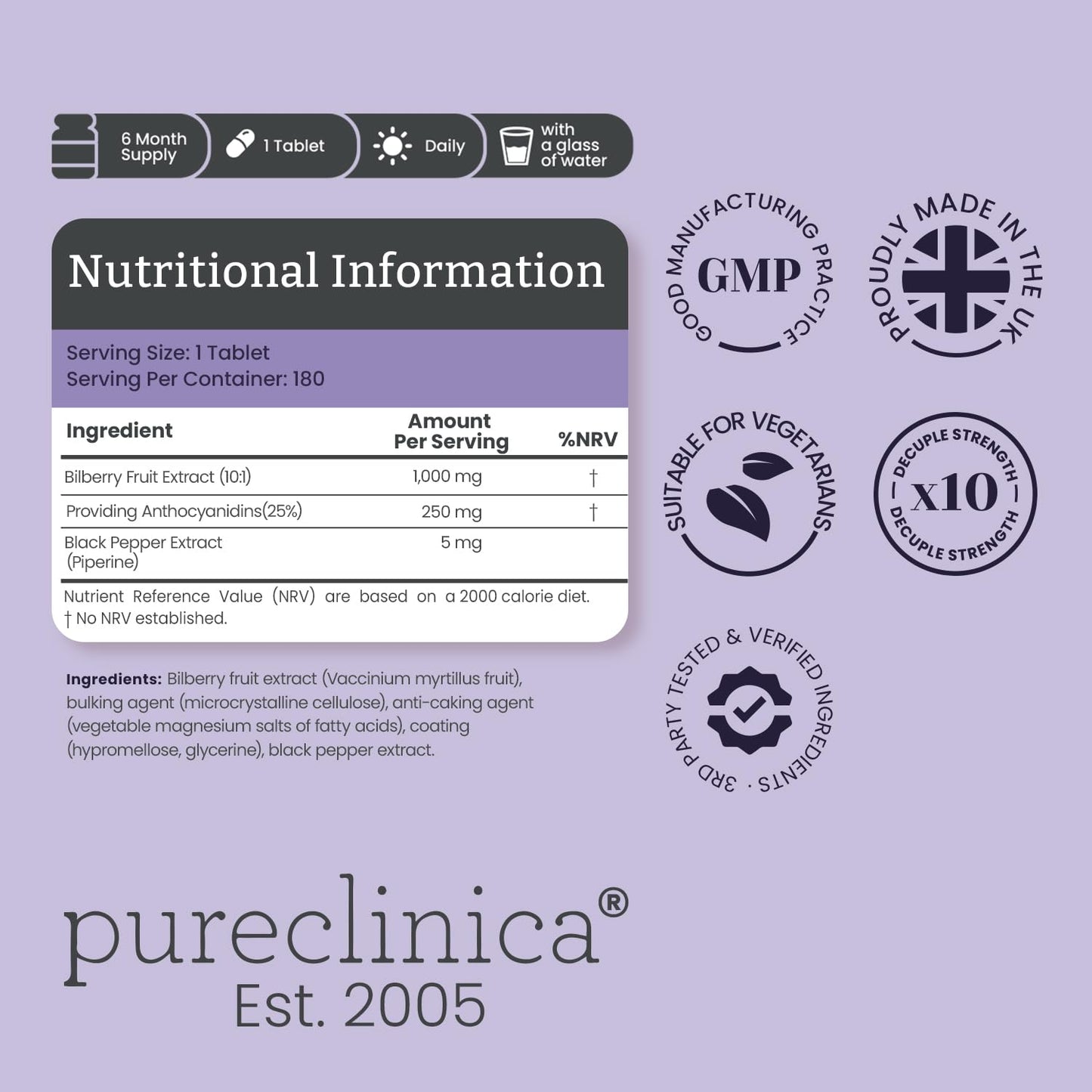 Pureclinica Bilberry Extract 1080 Tablets