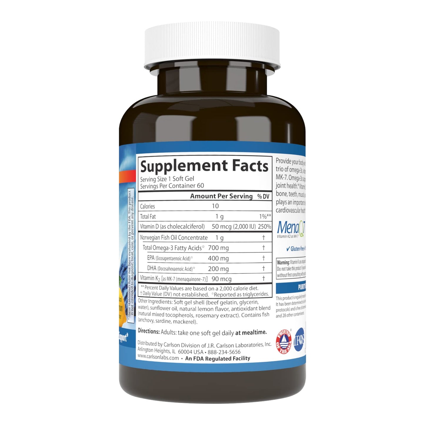 Carlson Elite Omega-3 Plus D & K Softgels, 60 Count