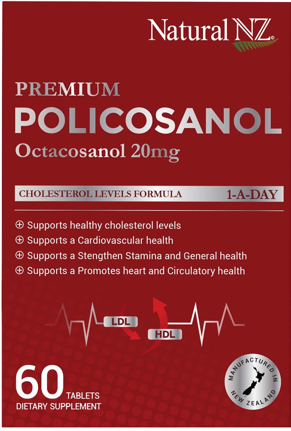 Natural NZ Policosanol 33.4mg (Otacosanol 20mg) 1-A-Day Tablets, 60 Tablets
