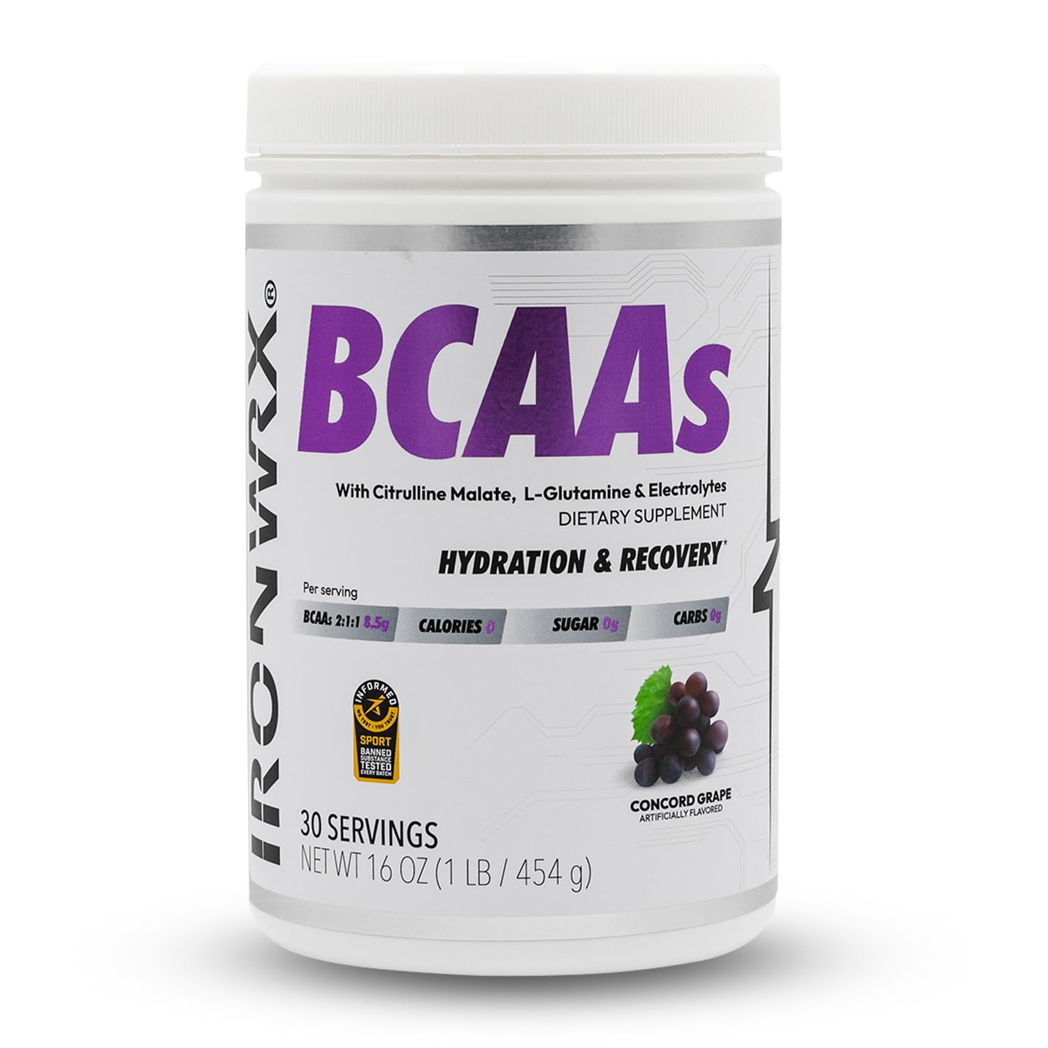 IRONWRX BCAA Powder 16 oz, 8g Amino Acids Per Serving, 2:1:1 Ratio with Citrulline Malate & L-Glutamine, Advanced Muscle Recovery & Soreness Support, Grape, 30 Servings