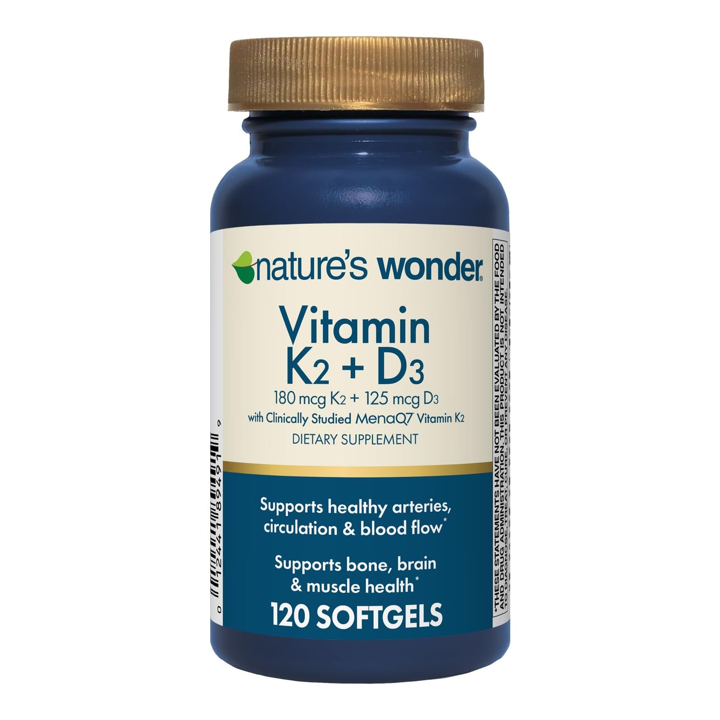 Nature's Wonder Vitamin K2 180mcg + D3 5000 IU with MenaQ7 Softgels, 120 Softgels