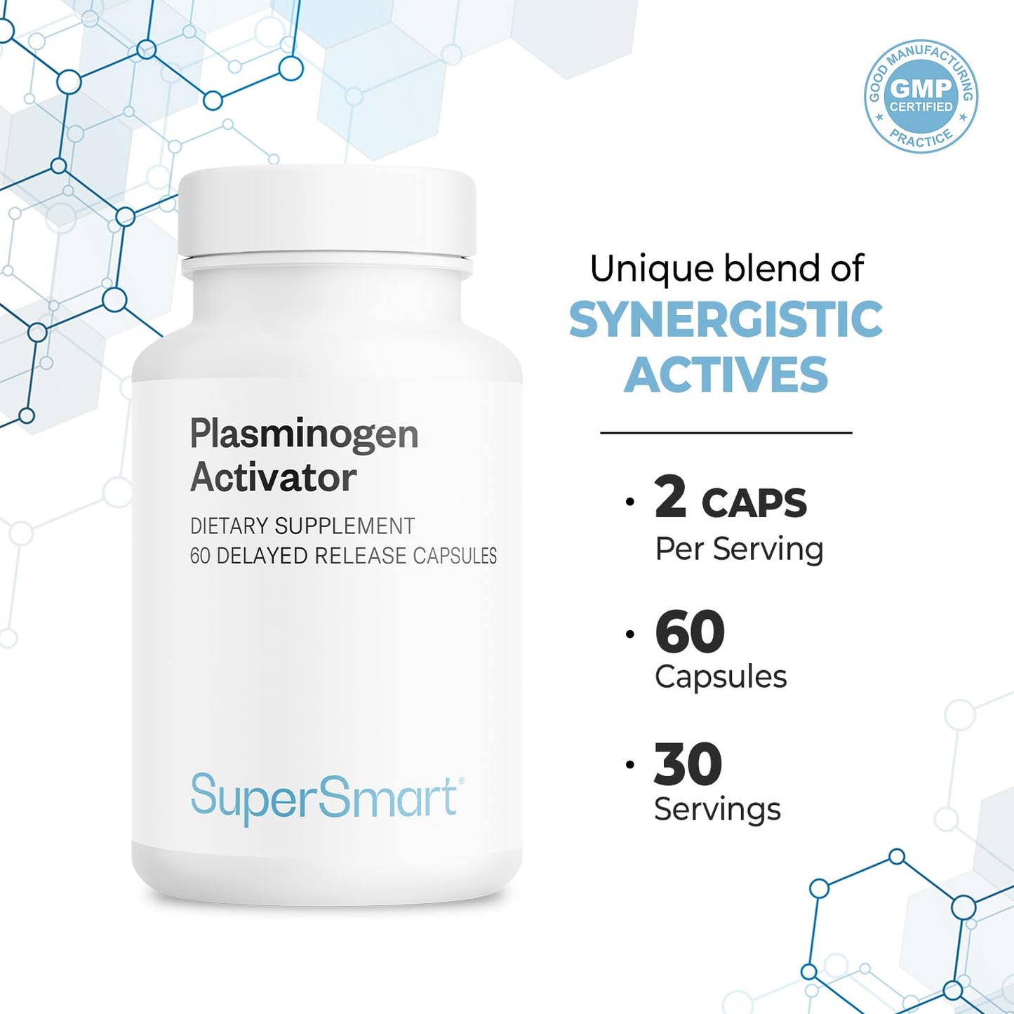 Supersmart Plasminogen Activator (Advanced Formula) 60 Capsules with Pterostilbene, Nattokinase, Serrapeptase, OPC