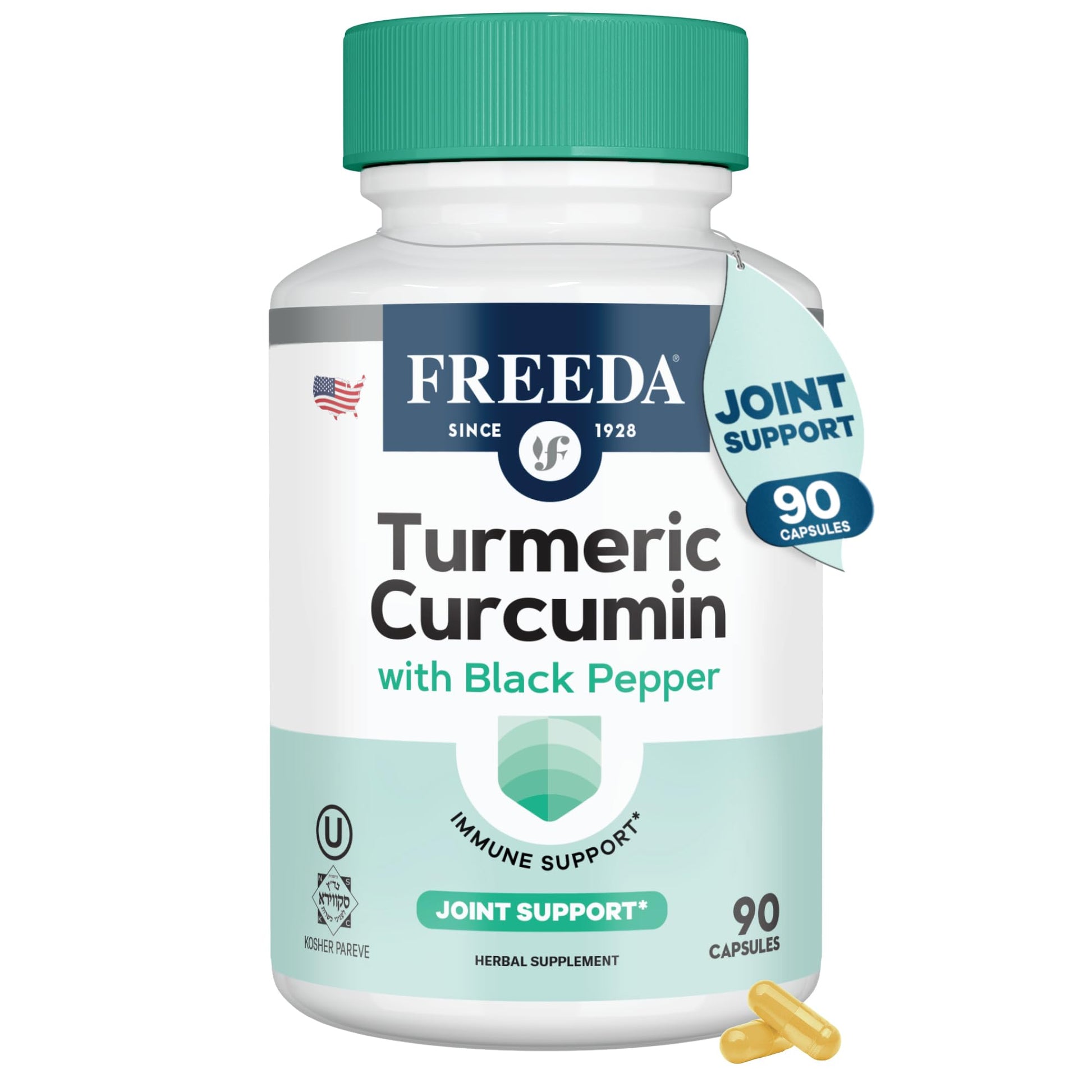 FREEDA Turmeric Curcumin Supplement 1000mg with Black Pepper Capsule, 90 Count