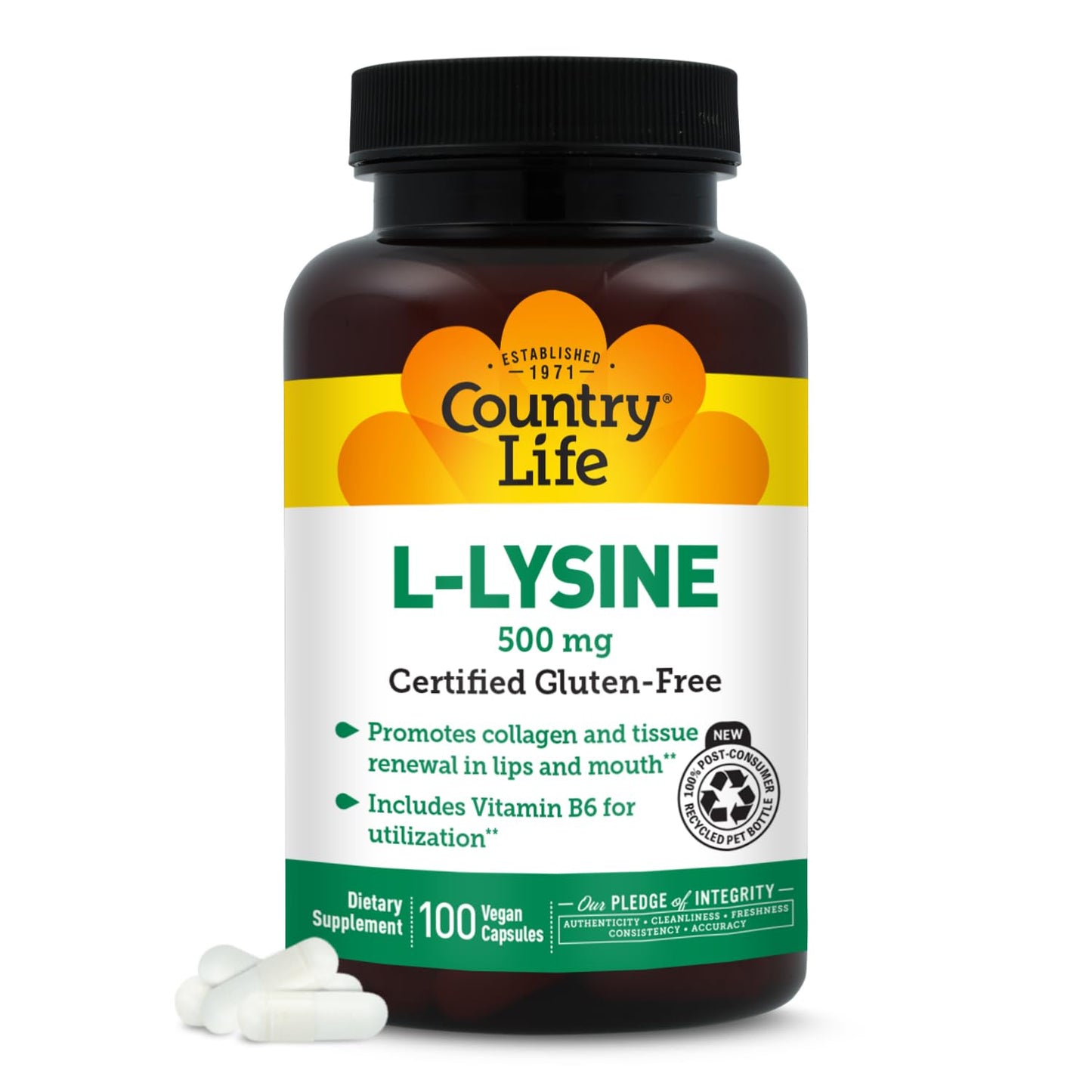 Country Life L-Lysine 500mg with B-6 Capsules, 100 Count