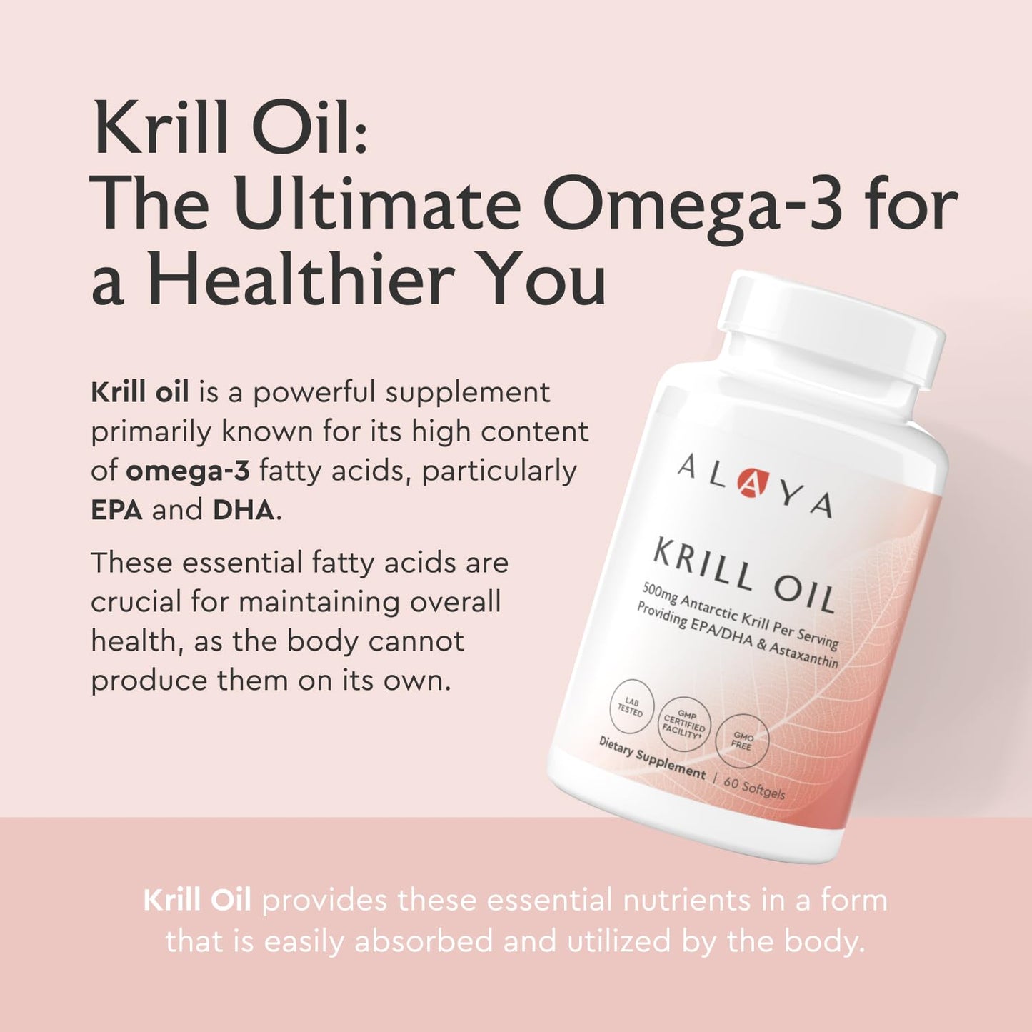 Alaya Naturals Antarctic Krill Oil 500mg Supplement with Phospholipids, EPA/DHA Omega-3 & Astaxanthin Softgels, 60 Count