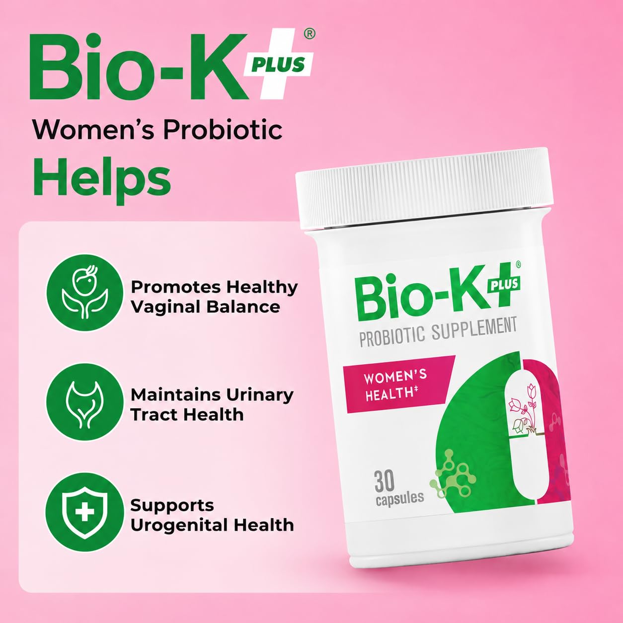 Bio-K Plus Women's Health Probiotic Capsule, Vaginal & Urinary Support, Vegan, 30 Capsules