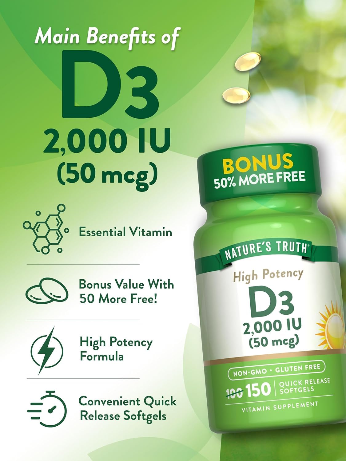 Nature's Truth Vitamin D3 2000 IU Softgels, 150 Count