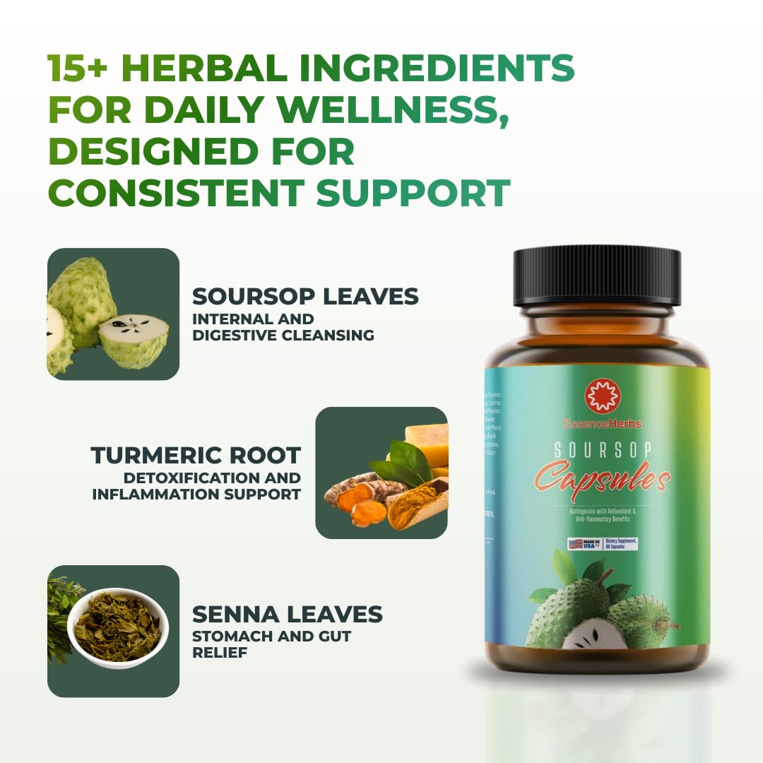 Essence Herbs Soursop Capsules 7000 mg with Black Seed, Irish Moss & Moringa, Gut Health & Daily Cleanse Support, Non-GMO, Vegan, 60 Capsules