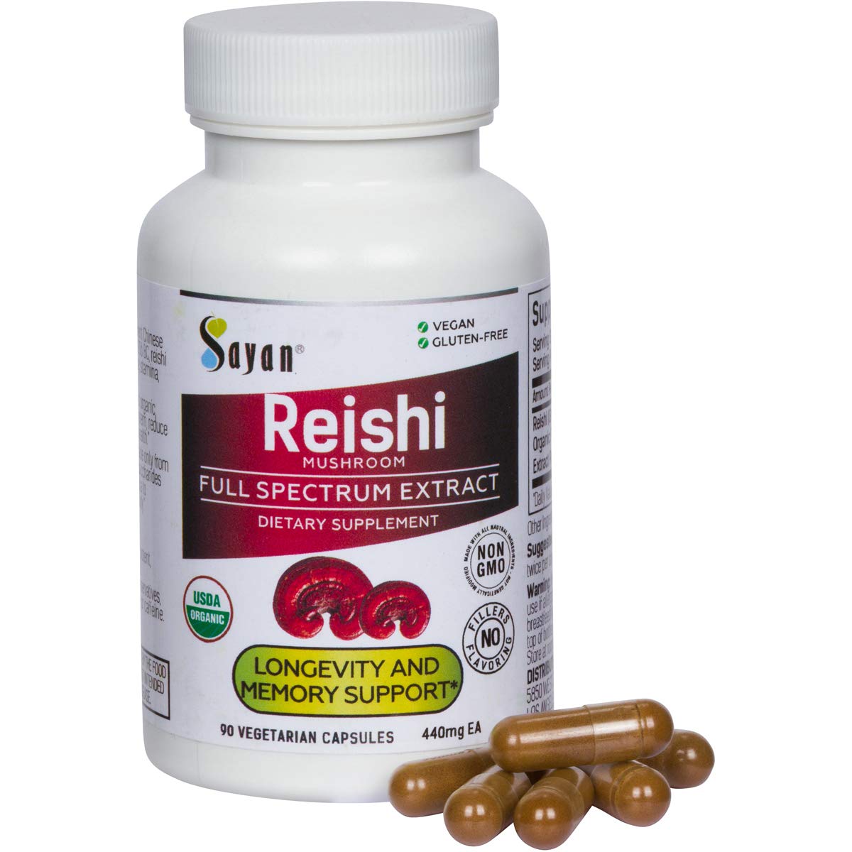 Sayan Reishi Mushroom Extract 440mg Capsules, 90 Count, Immune Support, Organic Vegan