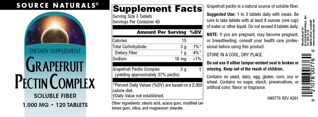 Source Naturals Grapefruit Pectin Complex 1000 mg Tablets, 120 Count