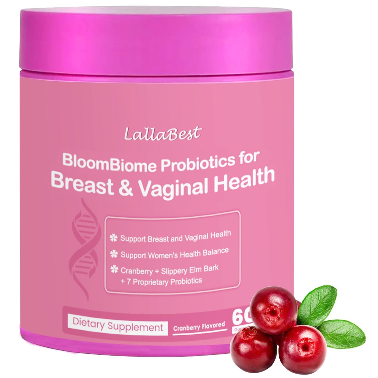 LallaBest Vagina & Breast Probiotic Gummies for Women with Slippery Elm & Cranberry Extract, Supports Women’s Wellness & pH Balance, Clean, 60 Gummies
