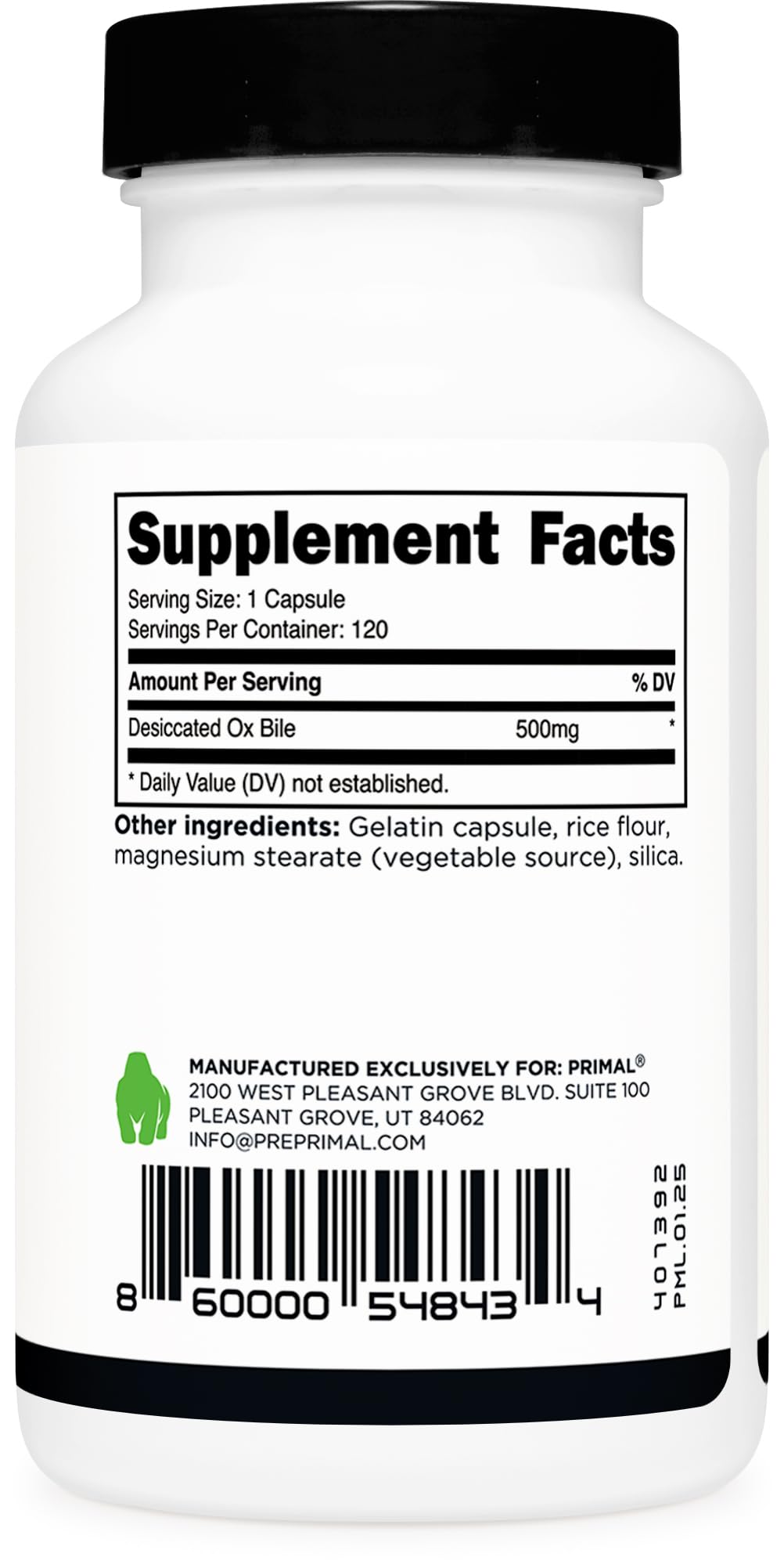 Primal Ox Bile 500mg Capsules, Gluten-Free, GMO-Free, 120 Count