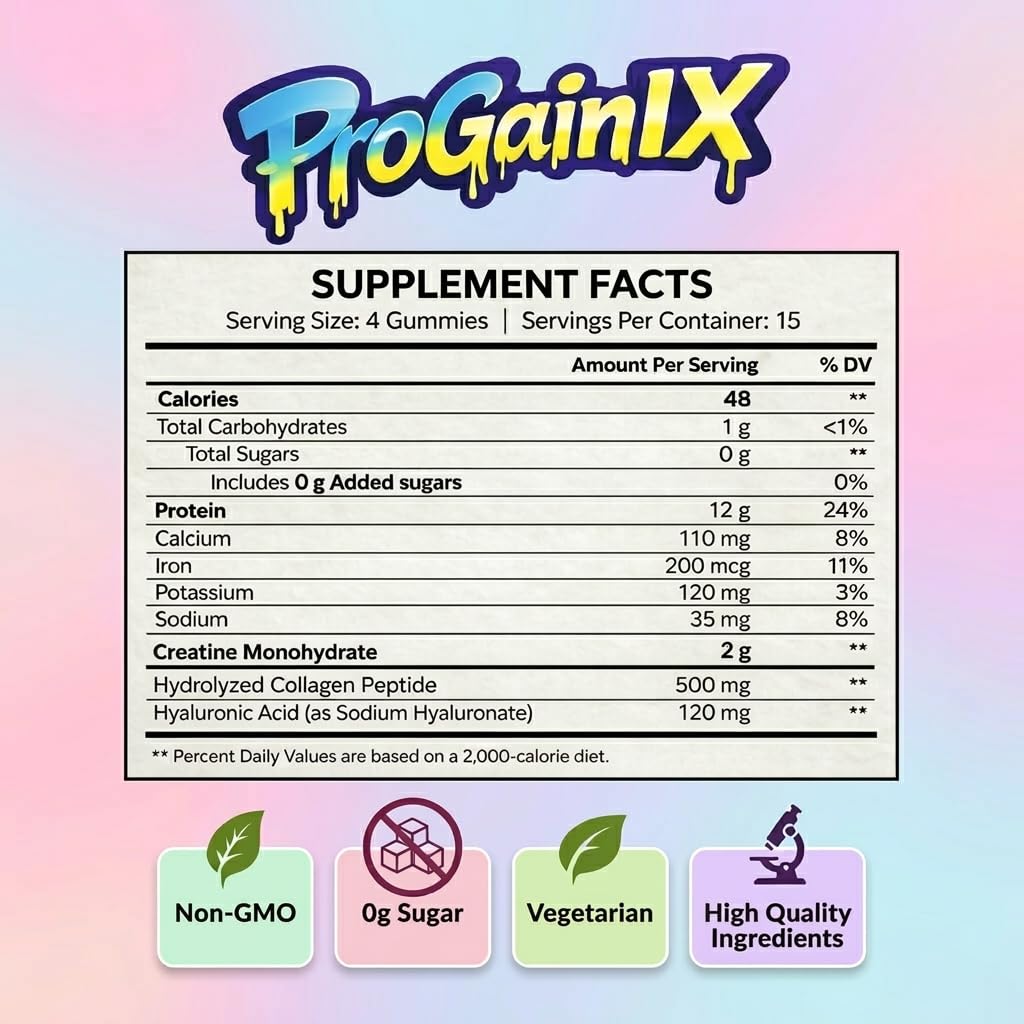 ProGainIX Protein Gummies - 3 in 1 formula with 12g Protein, Creatine Monohydrate & Collagen Peptides - Strawberry Flavor, Zero Sugar, 60 Gummies