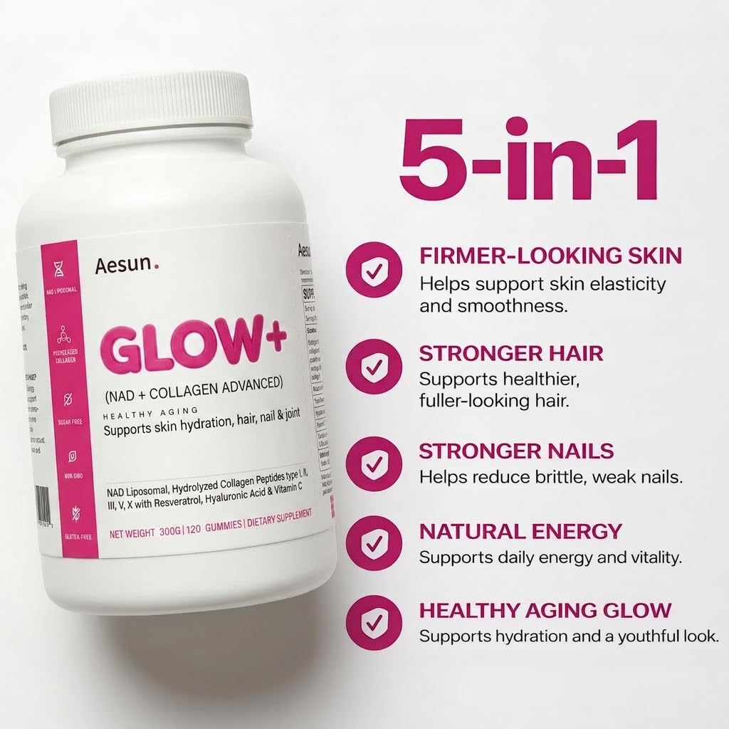 AESUN Glow+ NAD+ Hydrolyzed Collagen Advanced Gummies with Resveratrol & Hyaluronic Acid for Skin, Hair & Nails, Peach Flavor, 120 Gummies