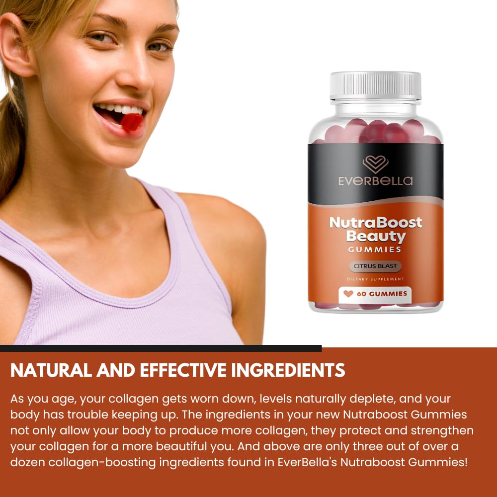 EVERBELLA Nutraboost Beauty Gummies, Biotin (Vitamin B7), Vegan Collagen Booster, Skin Hair & Nails, Vitamins A, E, C, Citrus Flavor, 60 Gummies