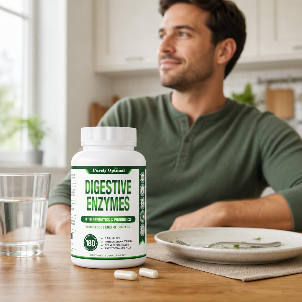 Purely Optimal Digestive Enzymes for Women and Men – Multi-Enzyme Supplement for Bloating Relief, Digestion and Heavy Meal Support – with Probiotics and Prebiotics for Gut Health, 180 Capsules