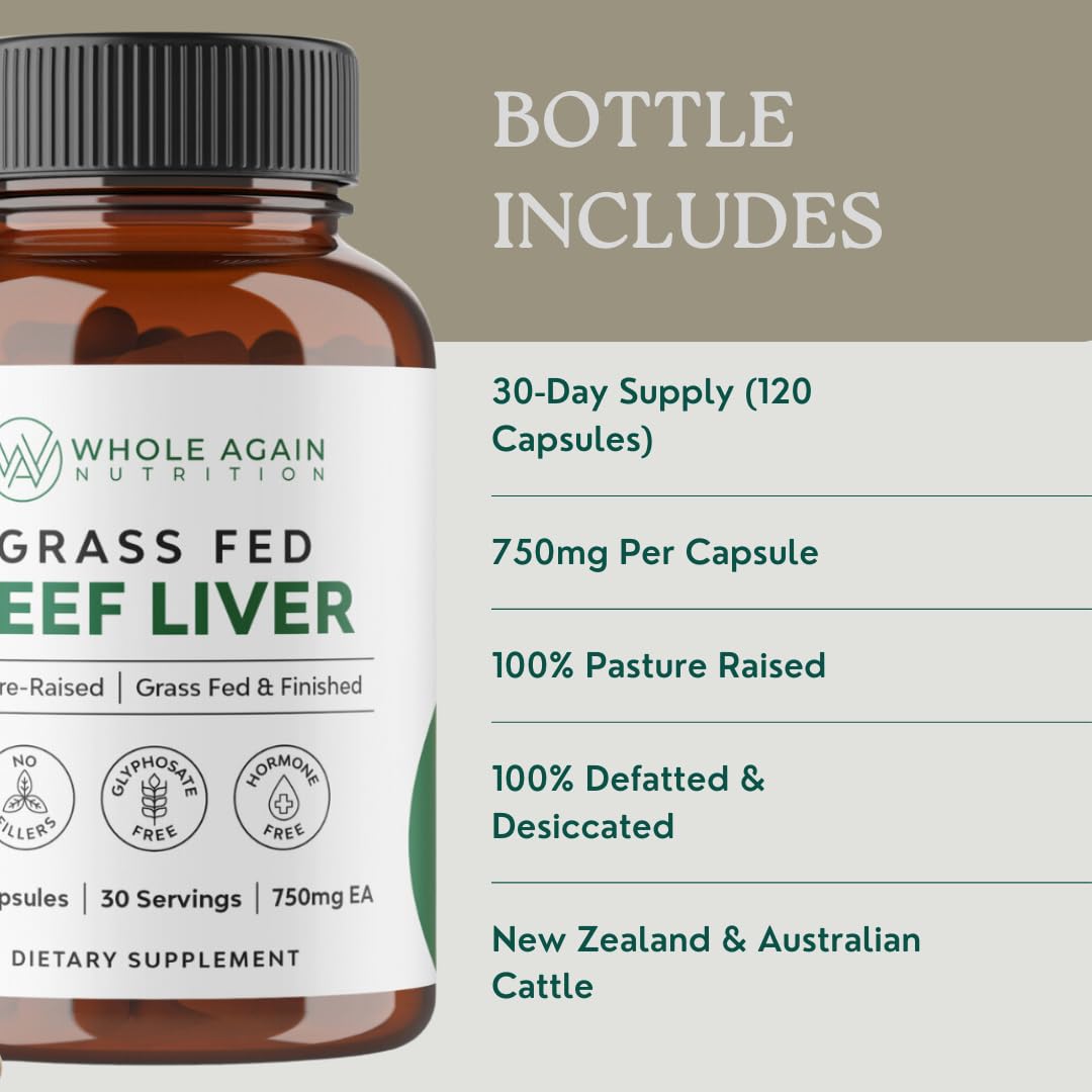 Whole Again Nutrition Grass Fed Beef Liver Capsules, 120 Count