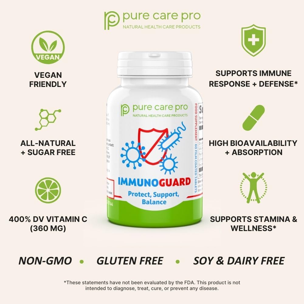 Pure Care Pro ImmunoGuard Immune Support & Defense with Cordyceps, Vitamin C & L-Theanine Tablets, 60 Count