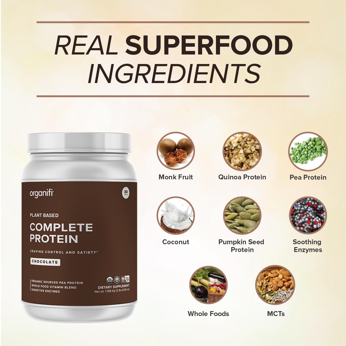 Organifi Complete Protein Chocolate Flavor Organic Vegan Plant Based Protein Powder with Digestive Enzymes, 2.68 lb