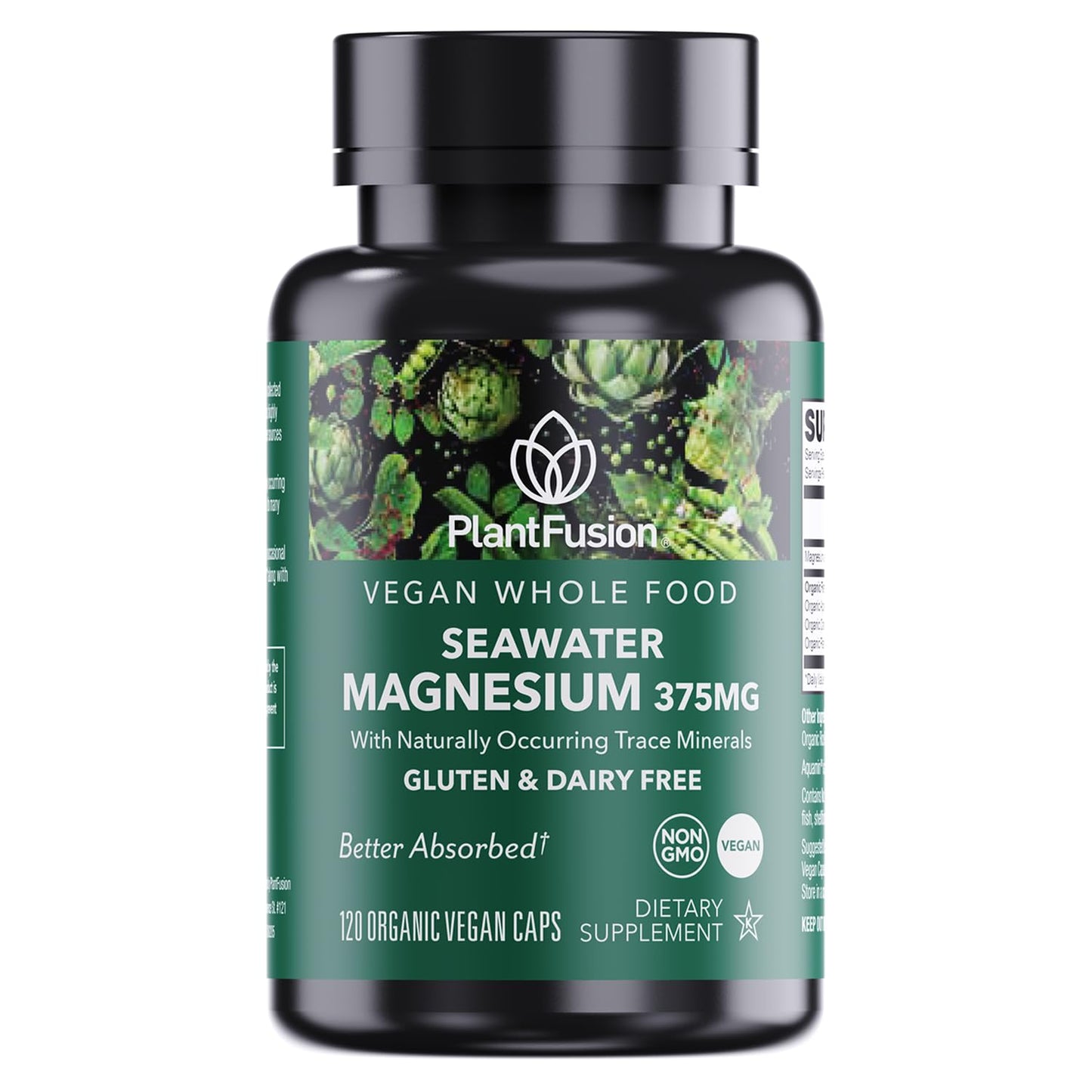 PlantFusion Vegan Magnesium Complex 375mg from Sea Water, Bioavailable Marine Magnesium with Fermented Organic Whole Food Blend, Non-GMO, Muscle & Relaxation Support, 120 Capsules