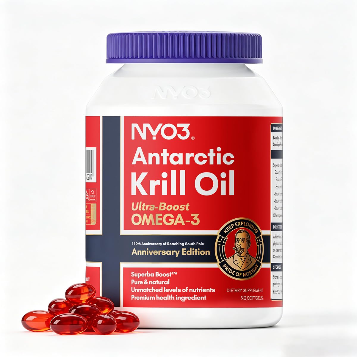 NYO3 Pure Antarctic Krill Oil Omega-3 Supplement Softgels, 90 Count