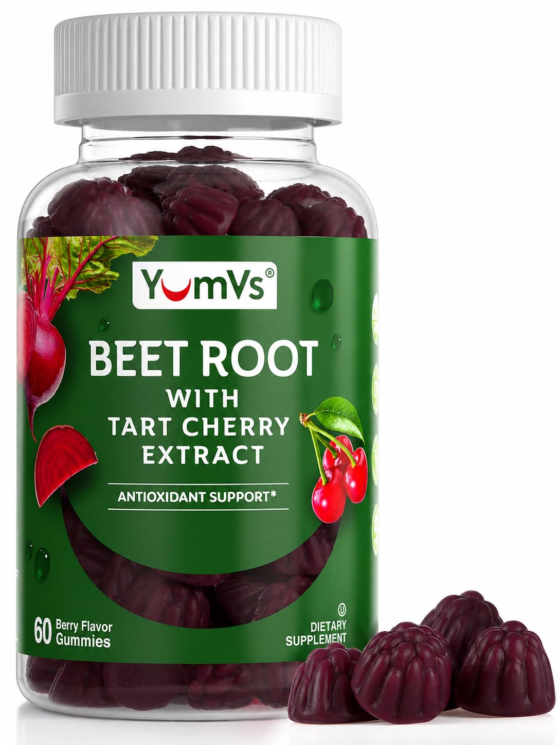 YUM-V'S Beet Root Gummies with Tart Cherry Extract - Berry Flavor, Gummies, 60 Count