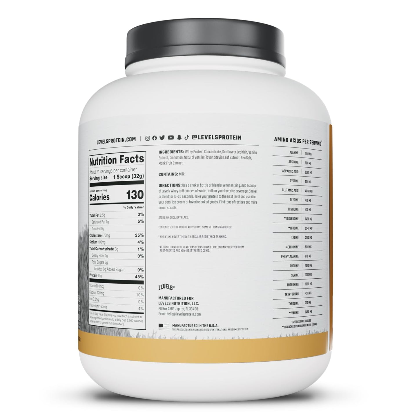 Levels Nutrition Grass Fed Whey Protein Powder Vanilla Cinnamon 80