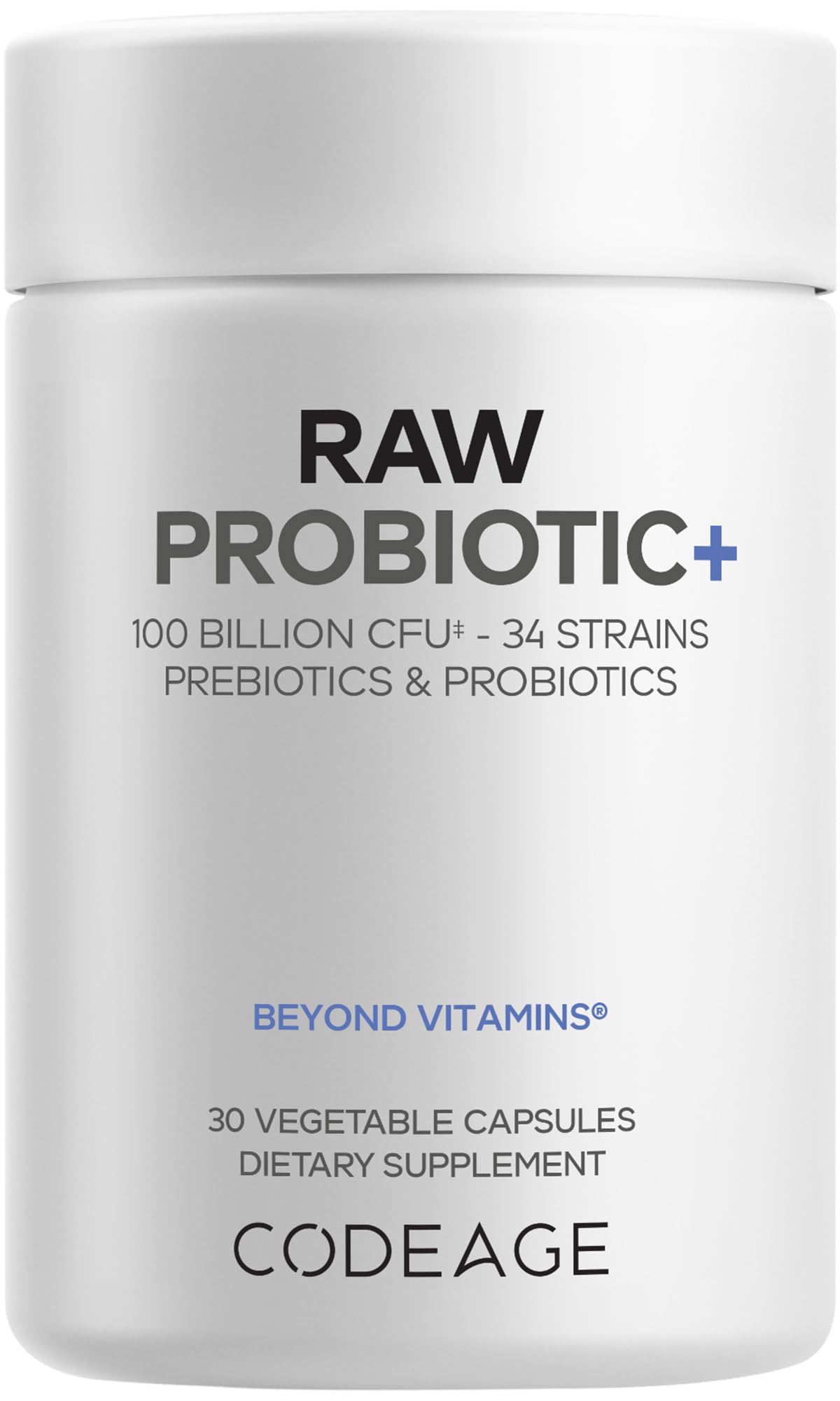 Codeage Raw Probiotic+ 100 Billion CFU Probiotic Supplement with 34 Strains, Prebiotics & Digestive Enzymes, Wild Kefir Culture, Non-GMO, 30 Capsules