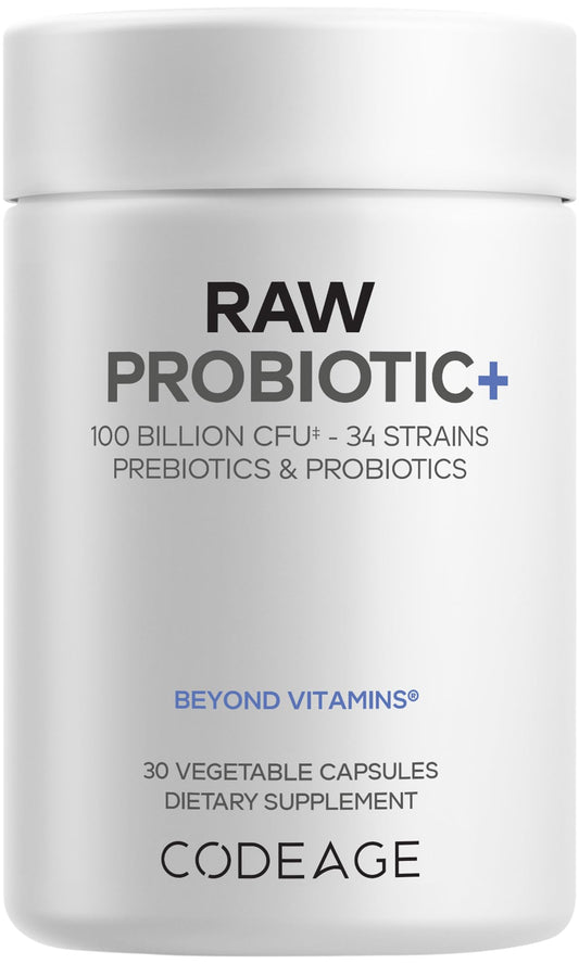 Codeage Raw Probiotic+ 100 Billion CFU Probiotic Supplement with 34 Strains, Prebiotics & Digestive Enzymes, Wild Kefir Culture, Non-GMO, 30 Capsules
