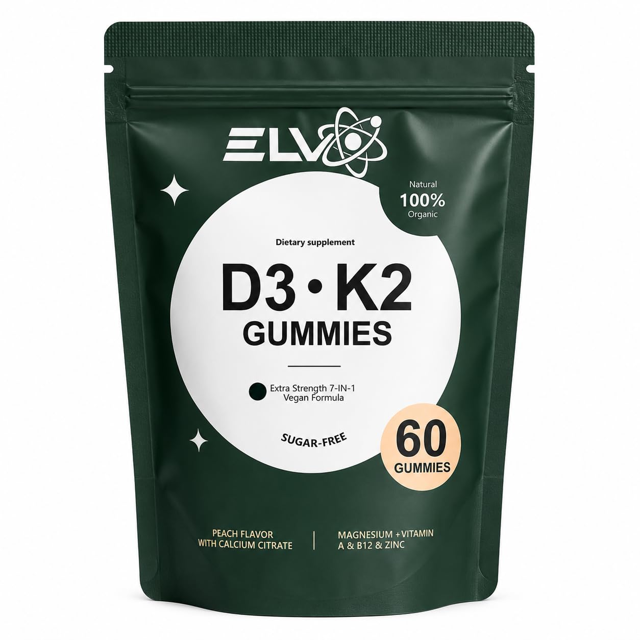 ELV Naturals D3 + K2 Gummies Vitamin D3 10000 IU with K2 MK-7, 60 Gummies